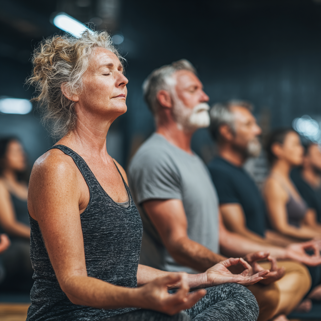 Group of middle-aged adults around 45-50 years old sitting in lotus position during meditation session, diverse group showing peaceful expressions and proper alignment