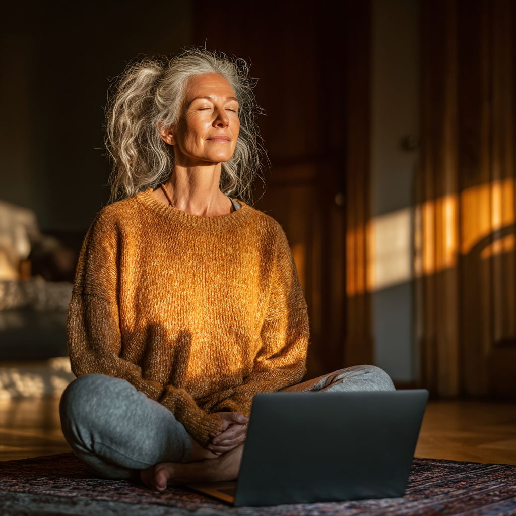 Middle-aged woman around 50 years old practicing yoga at home using laptop for online class, comfortable home environment with yoga mat and peaceful atmosphere